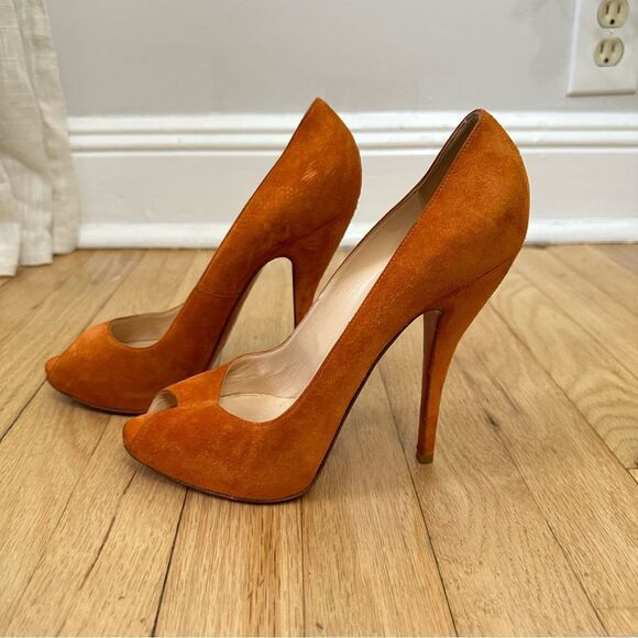 Christian Louboutin Suede Peep Toe Heels - Picture 7 of 10
